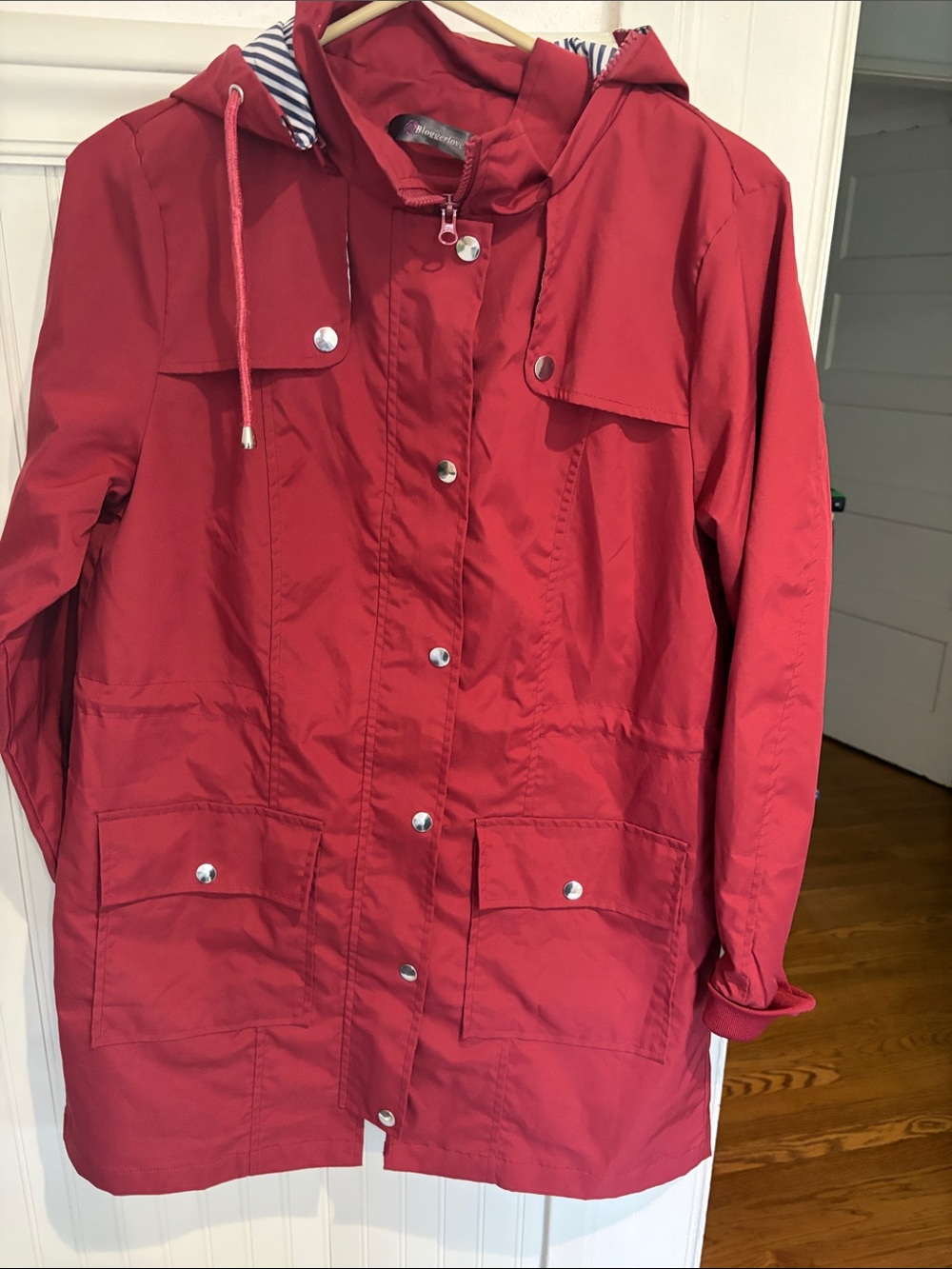 Women's Red Hooded Trench Coat with Snap-and-Zip Front